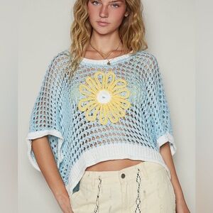 275 - POL Light Blue Crochet Top with Yellow Floral Accent